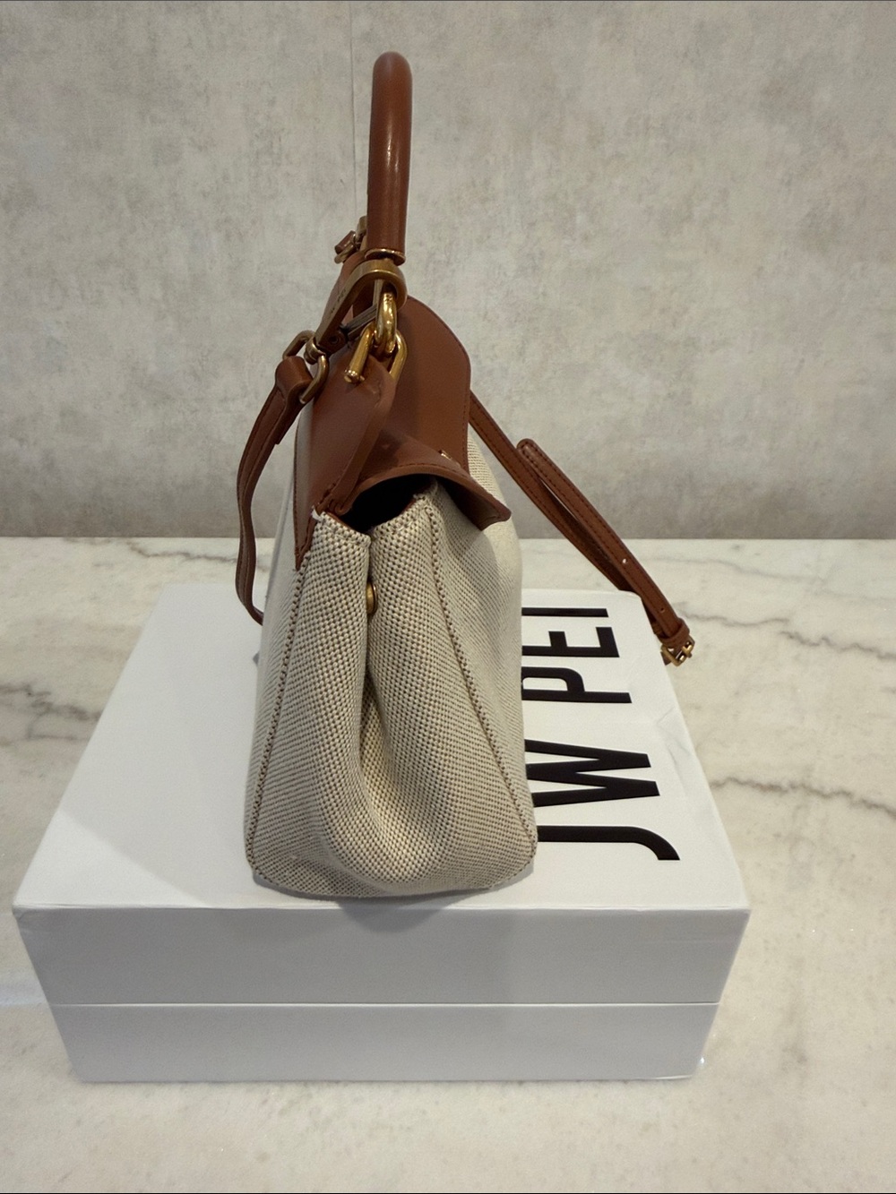 JW PEI Cream Canvas and Tan Top-Handle Satchel crossbody strap included - Picture 3 of 7